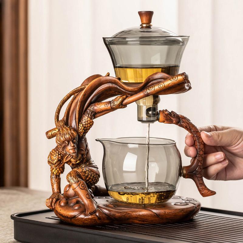 Blue-grey glass Kung Fu tea set | embossed Monkey King base glass tea set