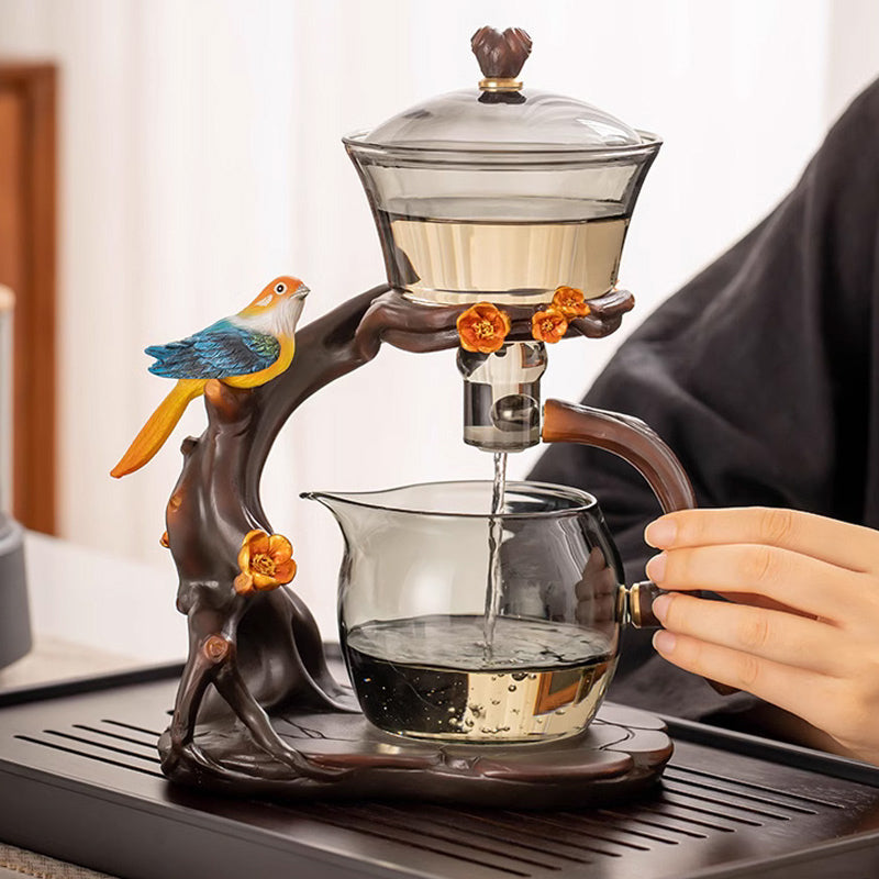 Grey glass lazy tea set | magnetic bird base automatic teapot
