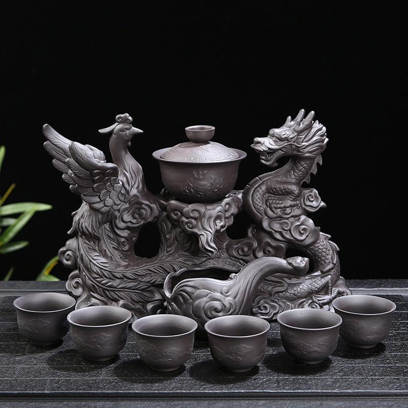Ceramic automatic tea set with embossed dragon and phoenix