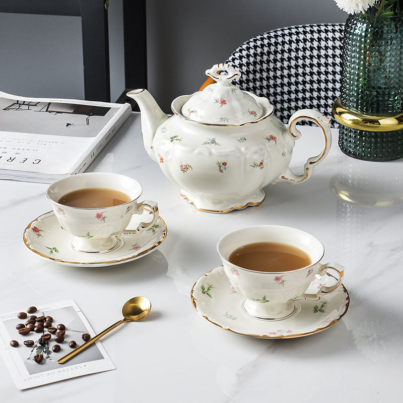 Vintage Floral Ceramic Tea Set | English Teapot Coffee Cups Saucers