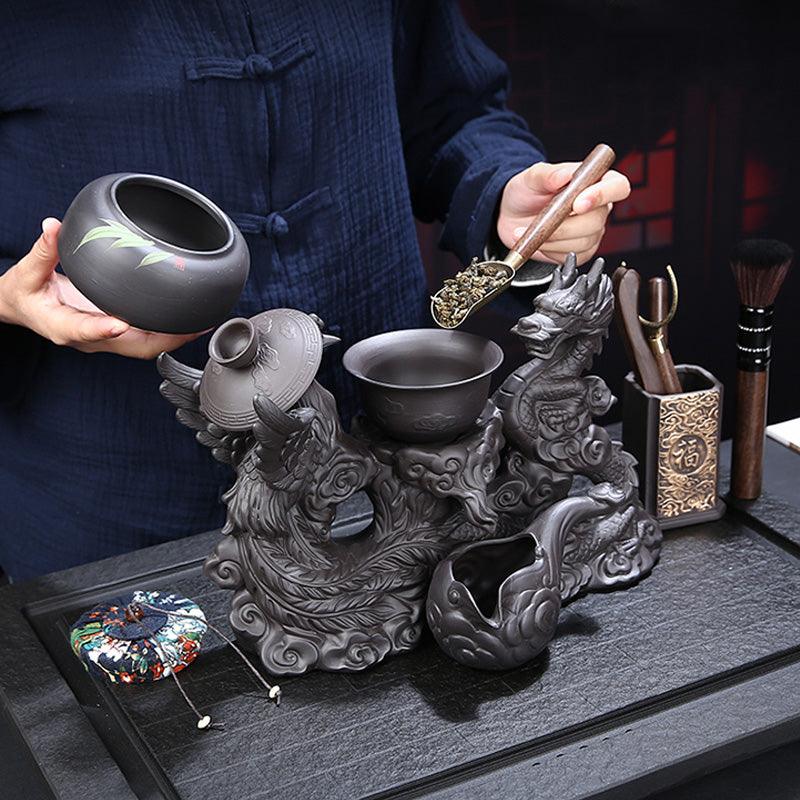 Ceramic automatic tea set with embossed dragon and phoenix