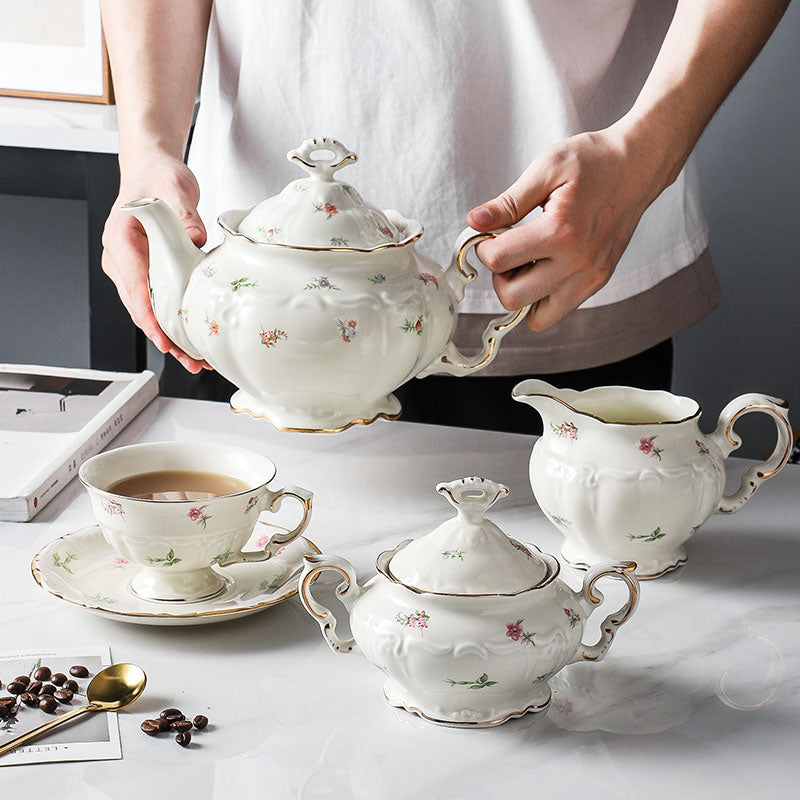 Vintage Floral Ceramic Tea Set | English Teapot Coffee Cups Saucers