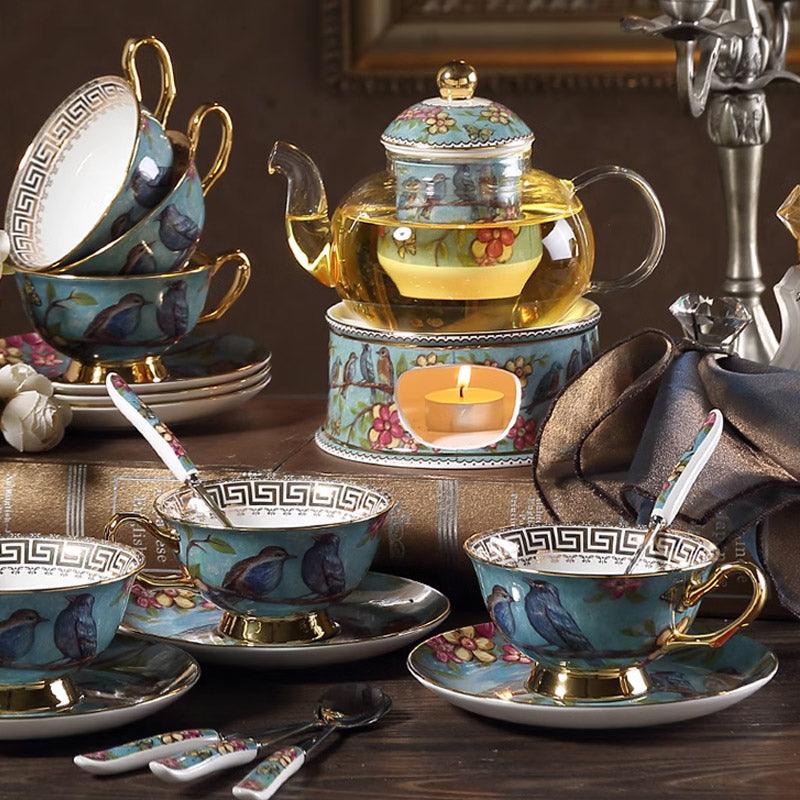 Blue Bird Ceramic Tea Set | Teapot Heater | Flower Teapot | Coffee Cup