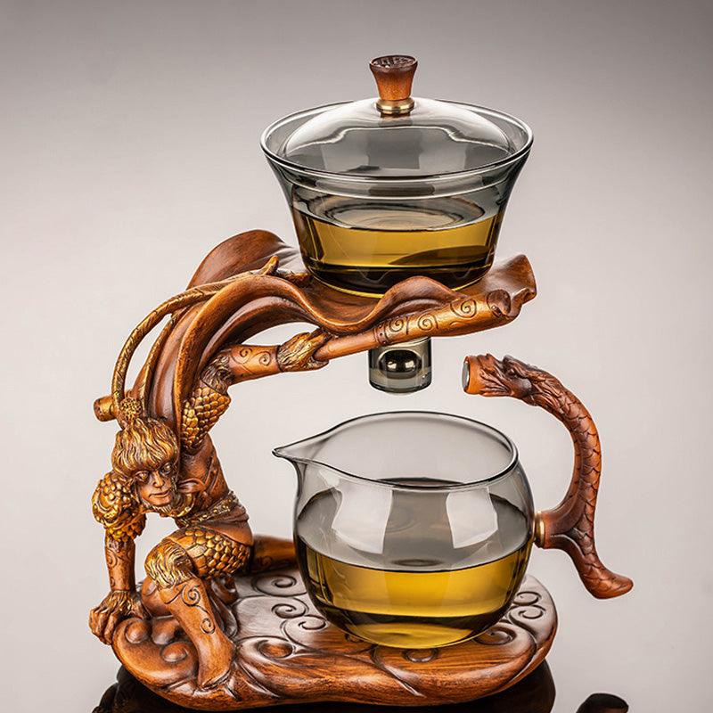 Blue-grey glass Kung Fu tea set | embossed Monkey King base glass tea set