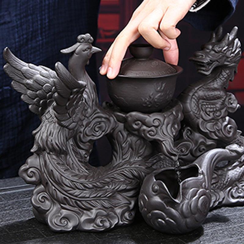 Ceramic automatic tea set with embossed dragon and phoenix
