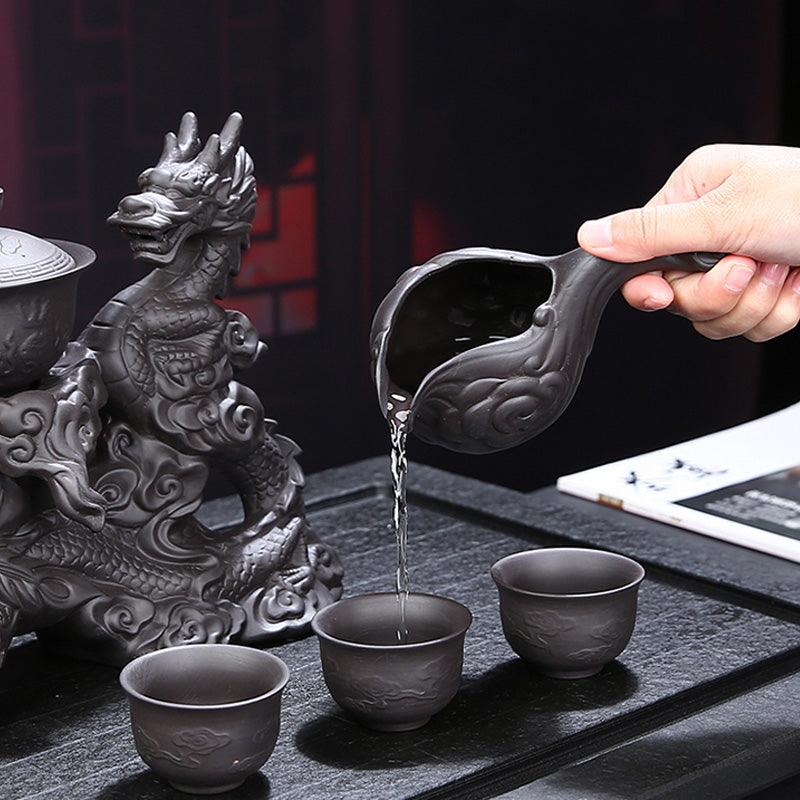 Ceramic automatic tea set with embossed dragon and phoenix