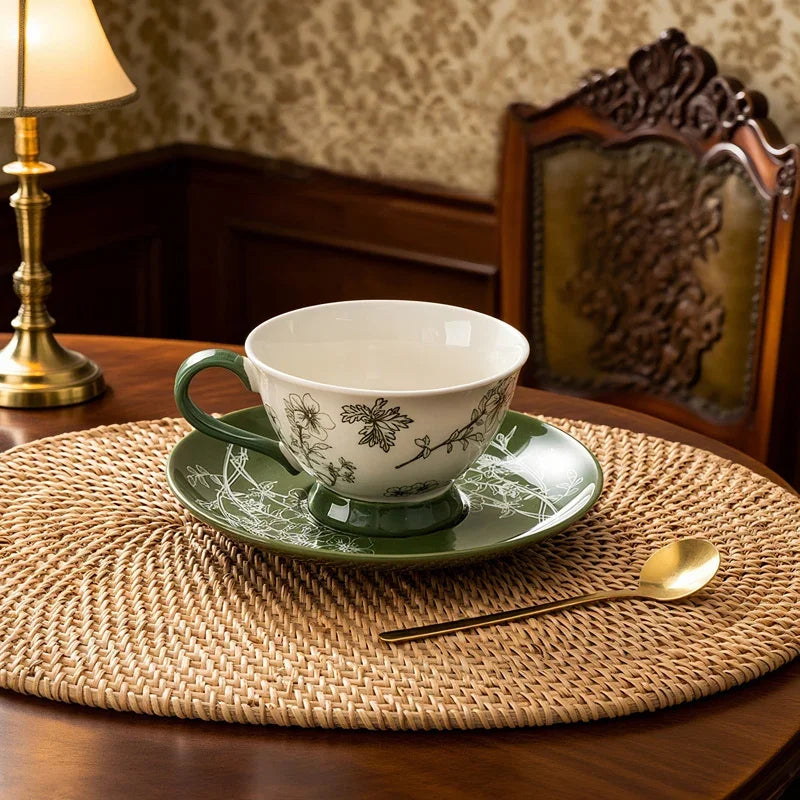 Green Vintage Floral Ceramic Tea Set with Teapot & Cups