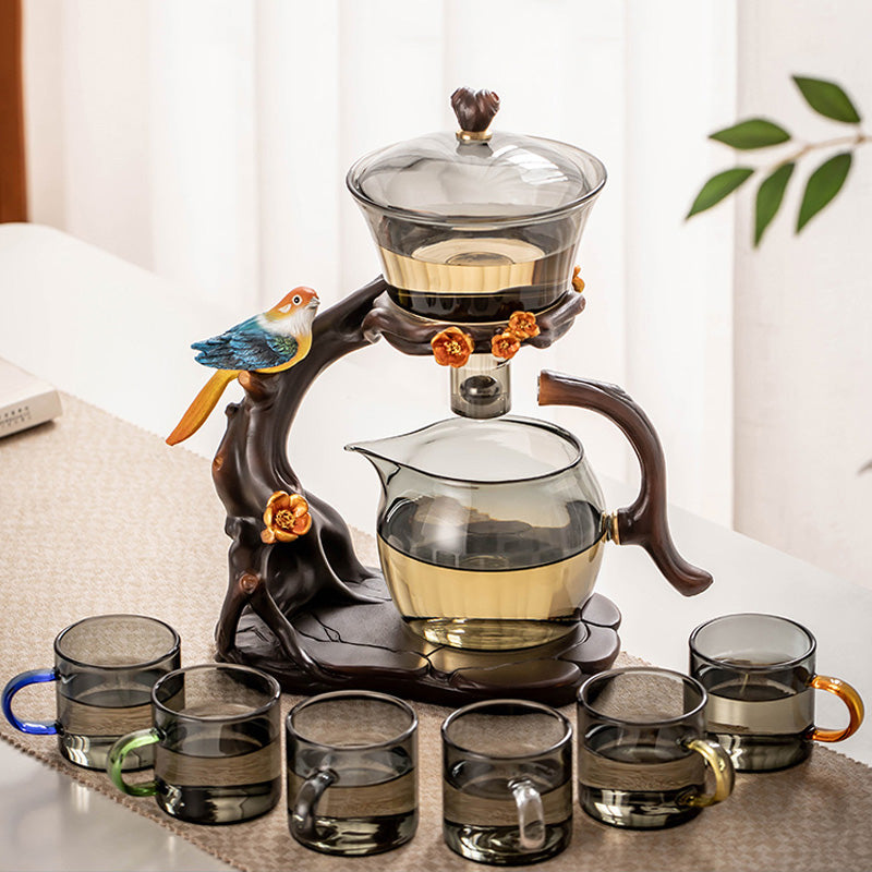 Grey glass lazy tea set | magnetic bird base automatic teapot