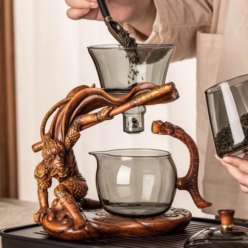 Blue-grey glass Kung Fu tea set | embossed Monkey King base glass tea set