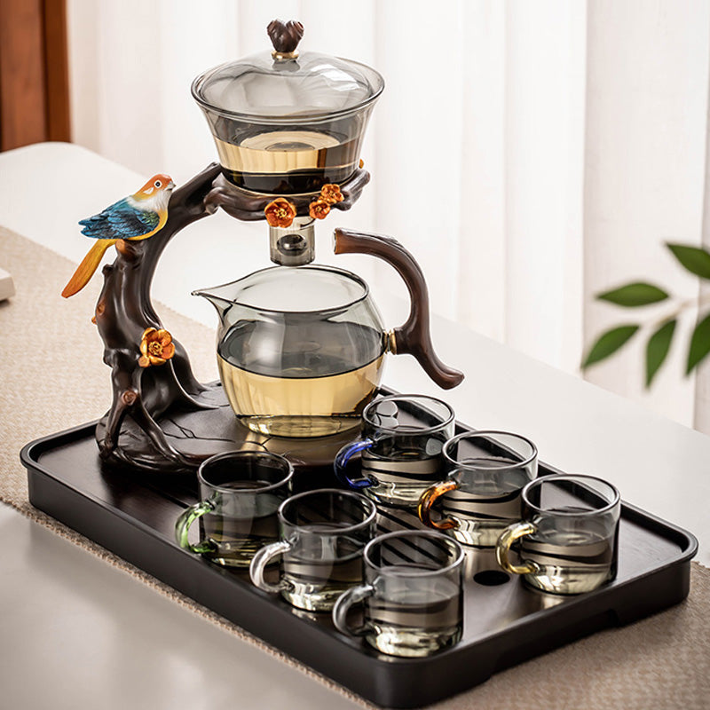 Grey glass lazy tea set | magnetic bird base automatic teapot