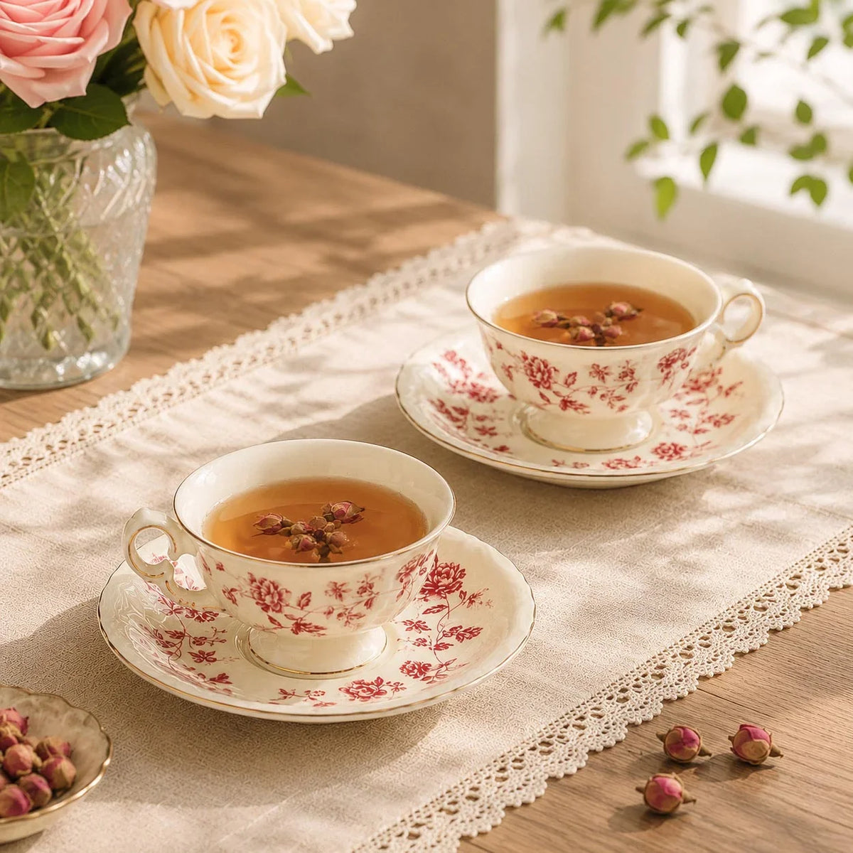 French Vintage-Style Rose Ceramic Tea and Coffee Set Palace Style