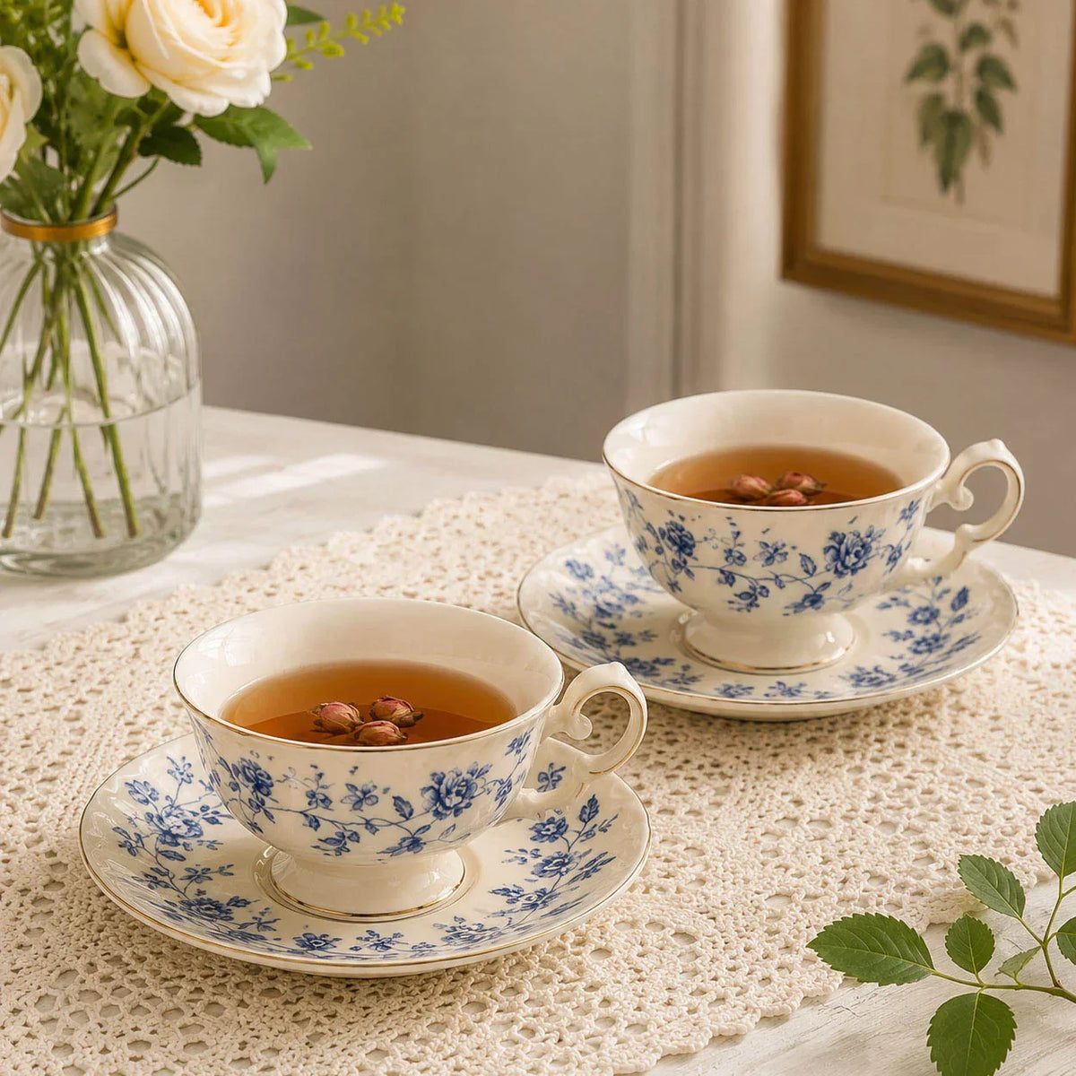Blue and White Porcelain Tea Set Vintage Coffee Set with Cups Saucers