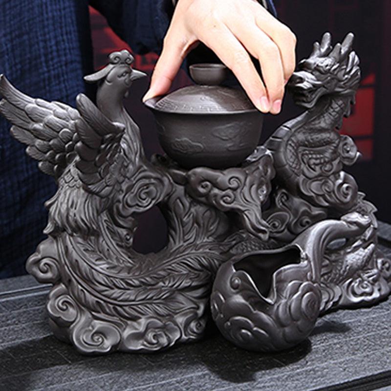 Ceramic automatic tea set with embossed dragon and phoenix
