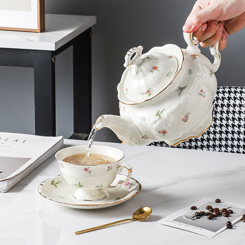 Vintage Floral Ceramic Tea Set | English Teapot Coffee Cups Saucers
