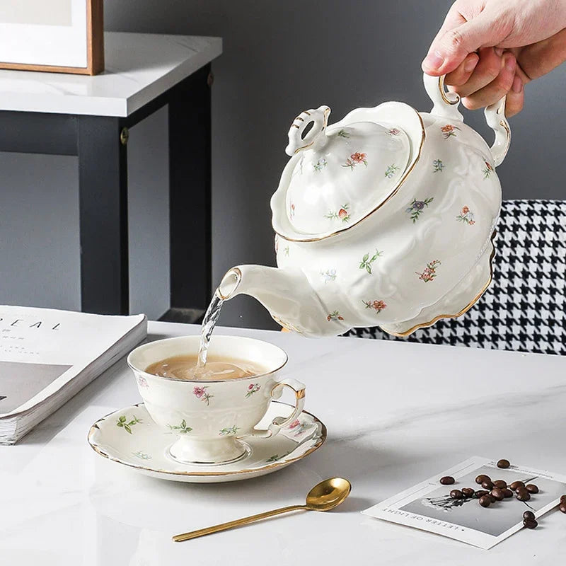 Vintage Floral Ceramic Tea Set | English Teapot Coffee Cups Saucers