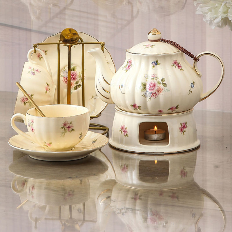 Vintage Ceramic Tea Set, Flower Teapot Set, Candle-Heated Tea Set
