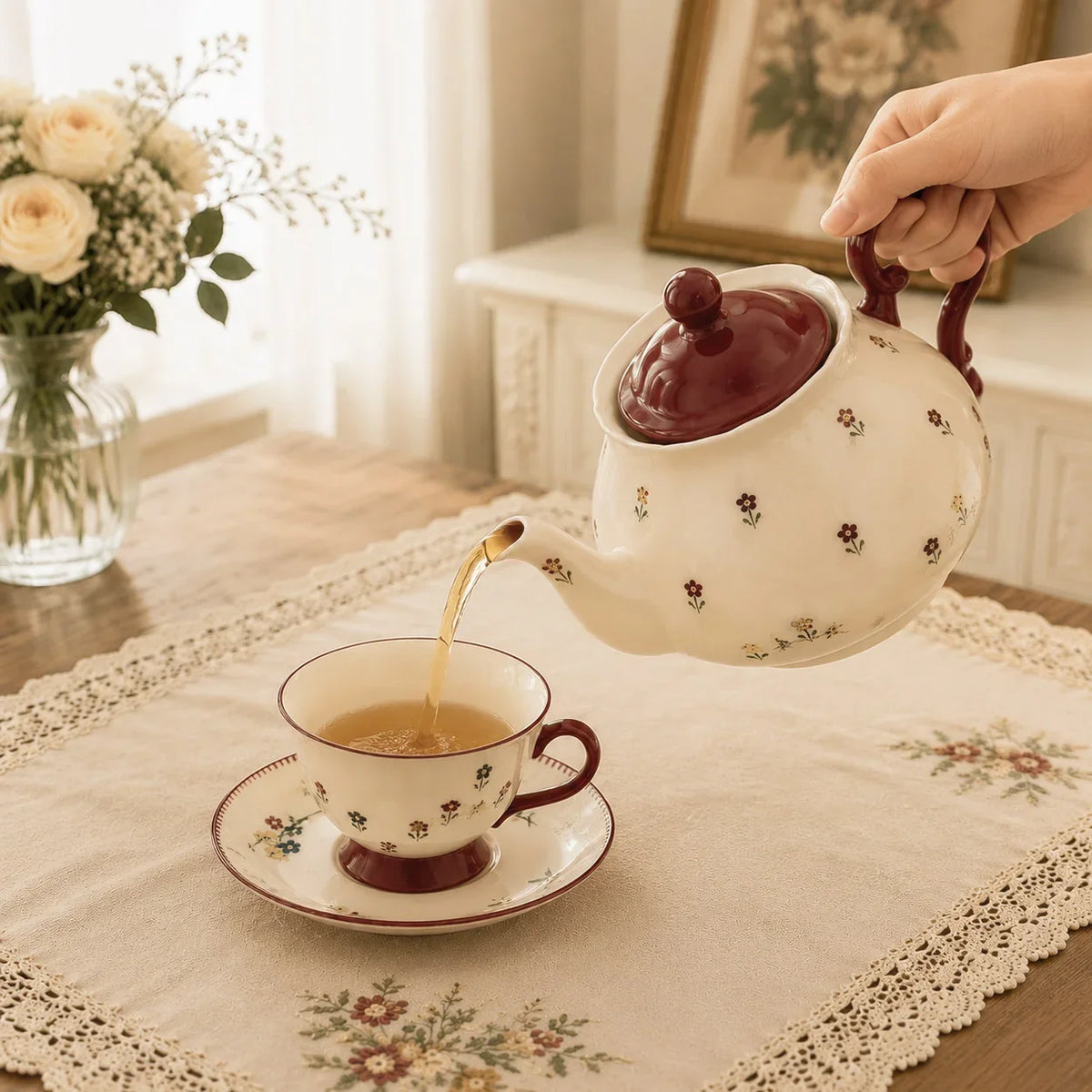 Red Vintage Floral Ceramic Tea Set with Teapot & Cups