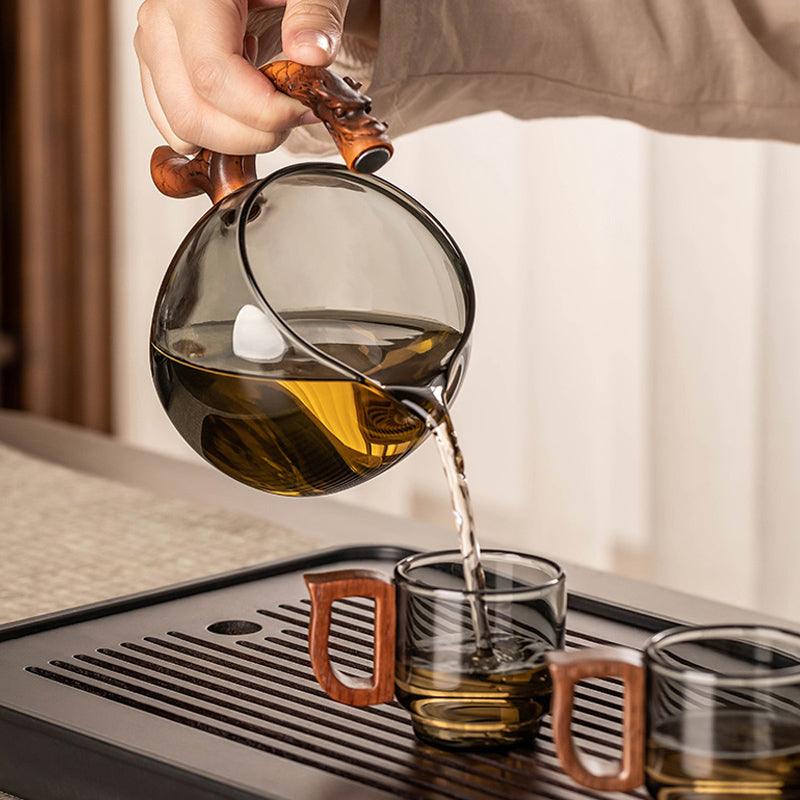 Blue-grey glass Kung Fu tea set | embossed Monkey King base glass tea set