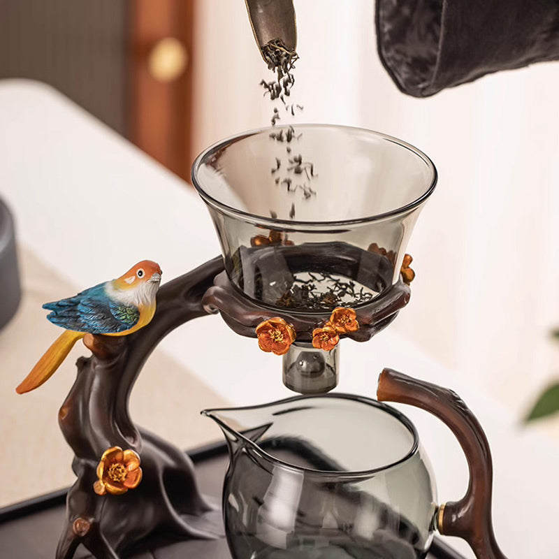 Grey glass lazy tea set | magnetic bird base automatic teapot