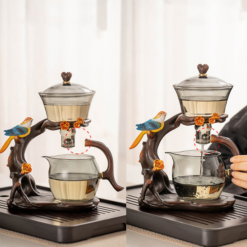 Grey glass lazy tea set | magnetic bird base automatic teapot
