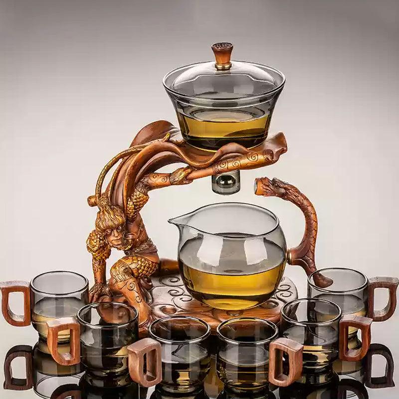 Blue-grey glass Kung Fu tea set | embossed Monkey King base glass tea set