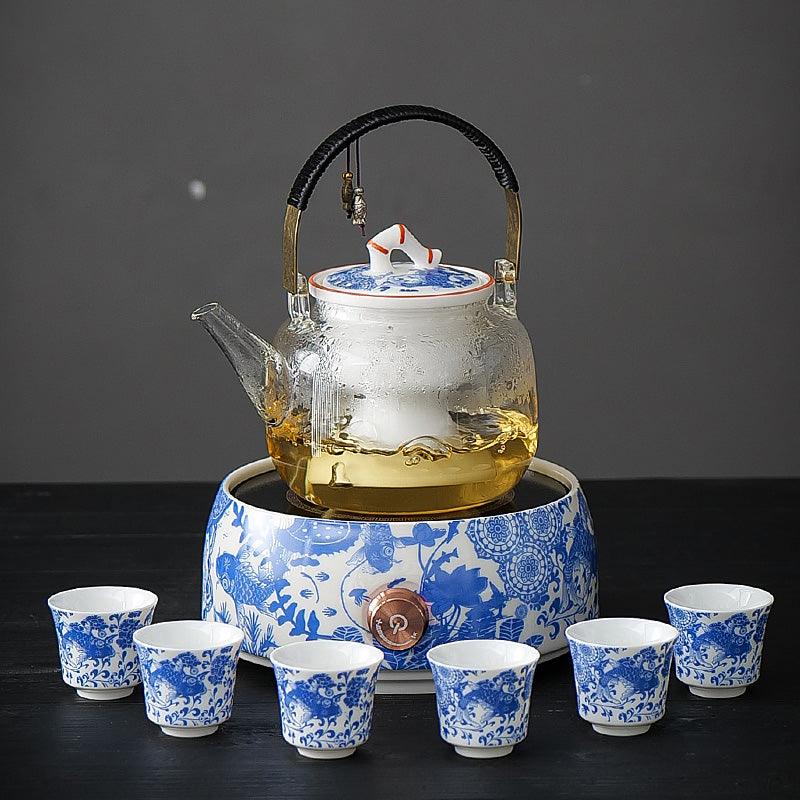 Blue White Koi Tea Set - Electric Tea Warmer | Teapot With Infuser - Teas Story