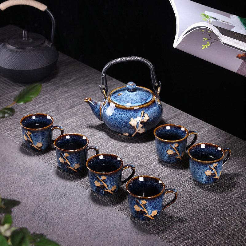 Kiln-Glazed Blue Ceramic Tea Set |Japanese Tea Set|Teapot with Infuser - Teas Story