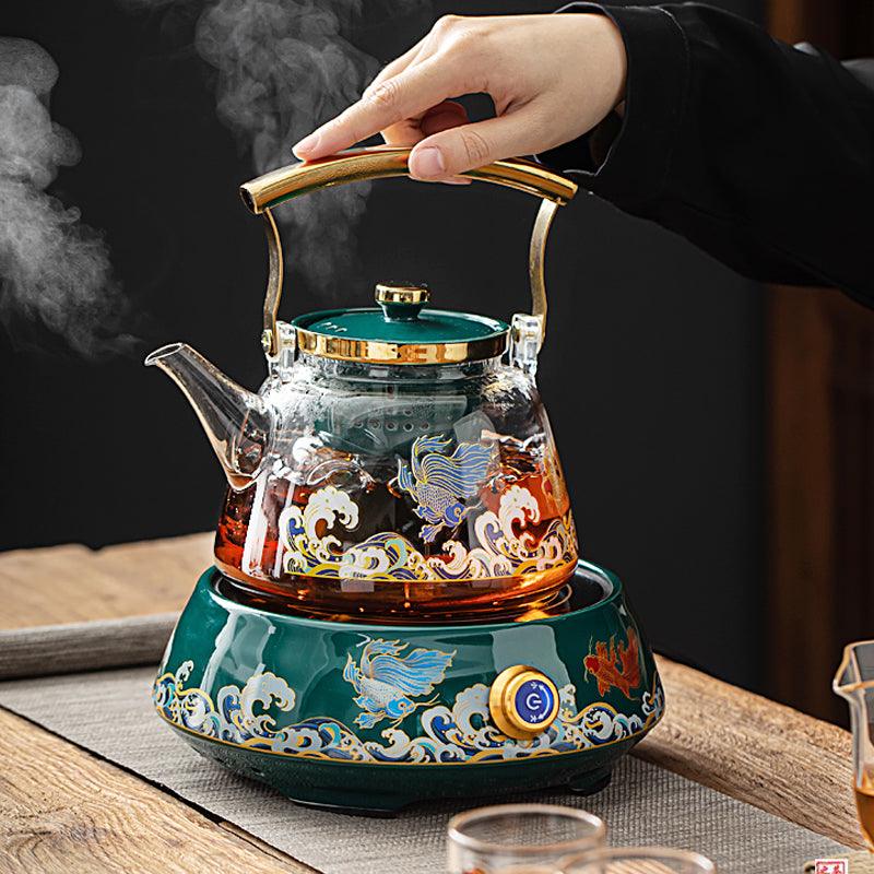 Green Koi Glass Tea Set Electric Tea Warmer Teapot with