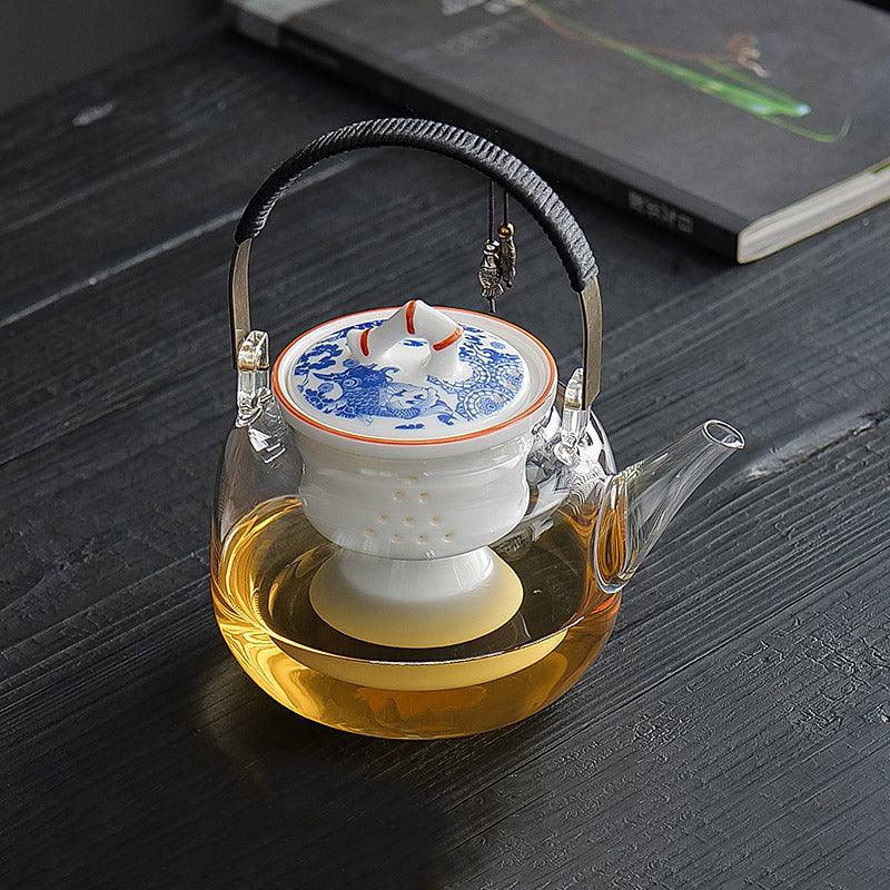 Blue White Koi Tea Set - Electric Tea Warmer | Teapot With Infuser - Teas Story