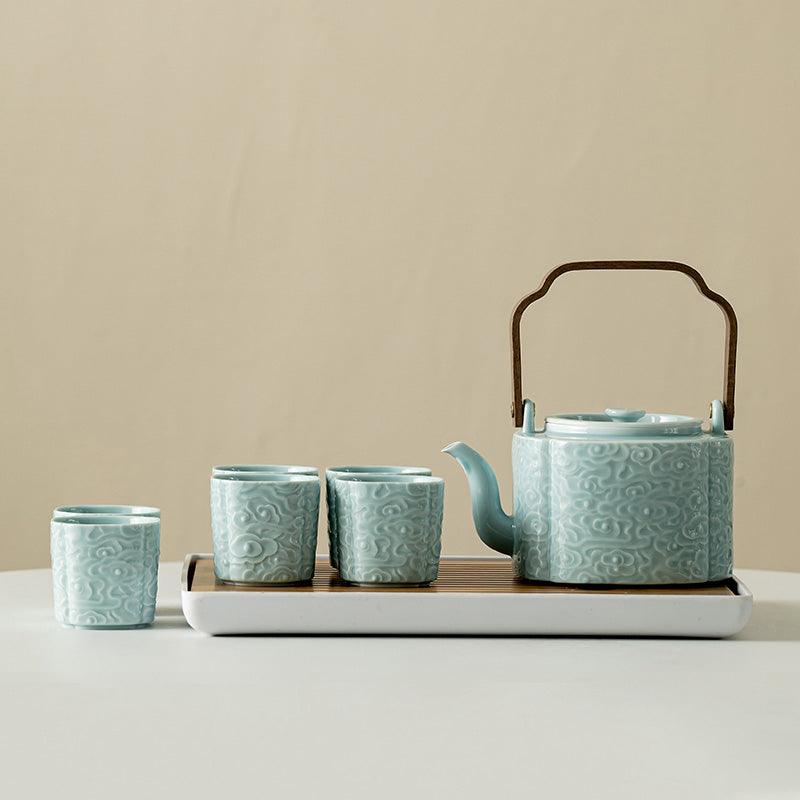 White Embossed Ceramic Tea Set | Kung Fu Tea Set | Teapot and Tea Set - Teas Story