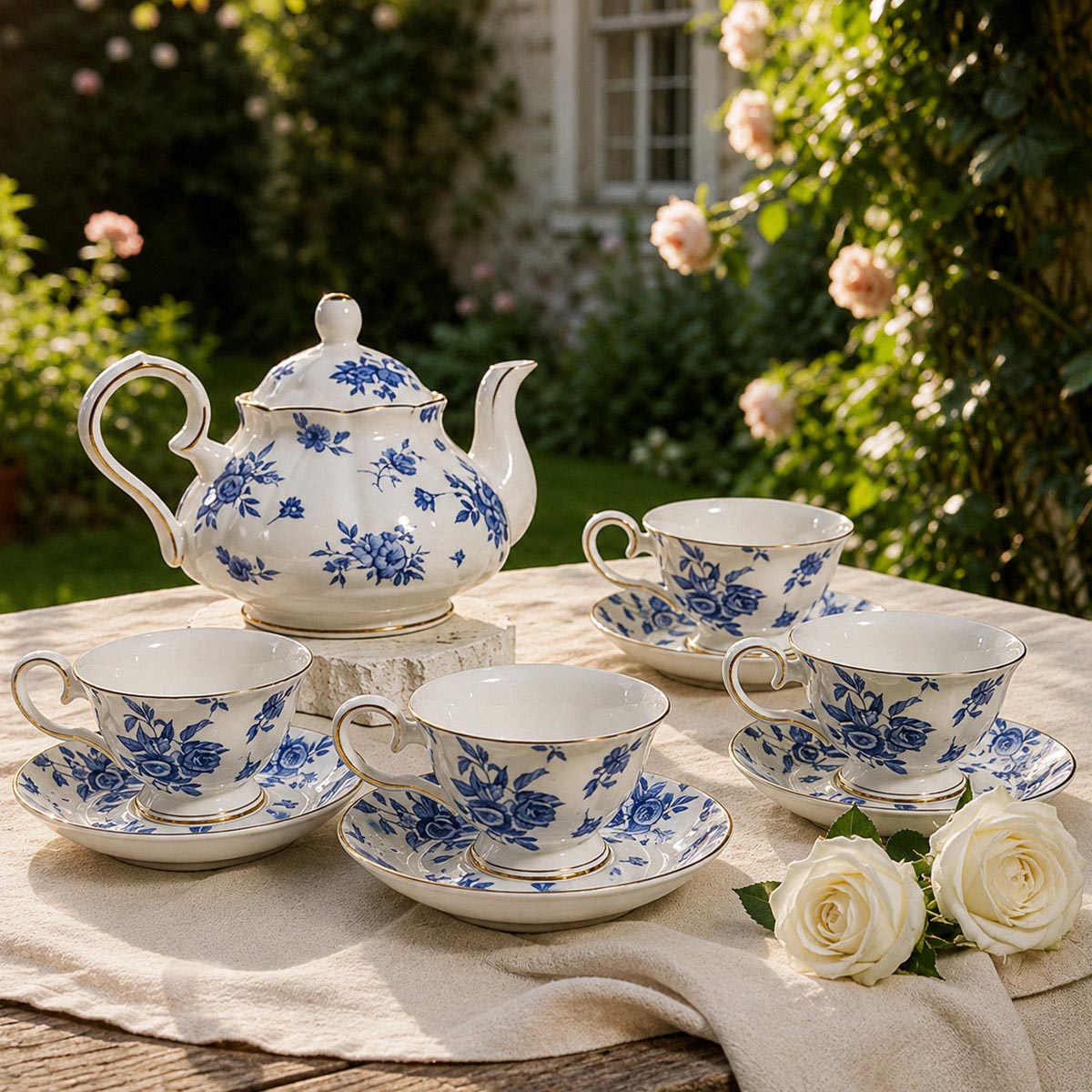 Blue Rose Fine Bone China Coffee Set – Elegant Afternoon Tea Set