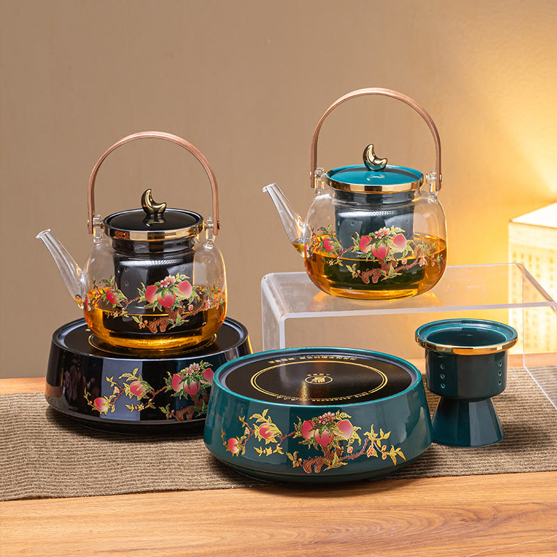 Borosilicate Glass Teapot Ceramic Stove, With Retro Peach Pattern