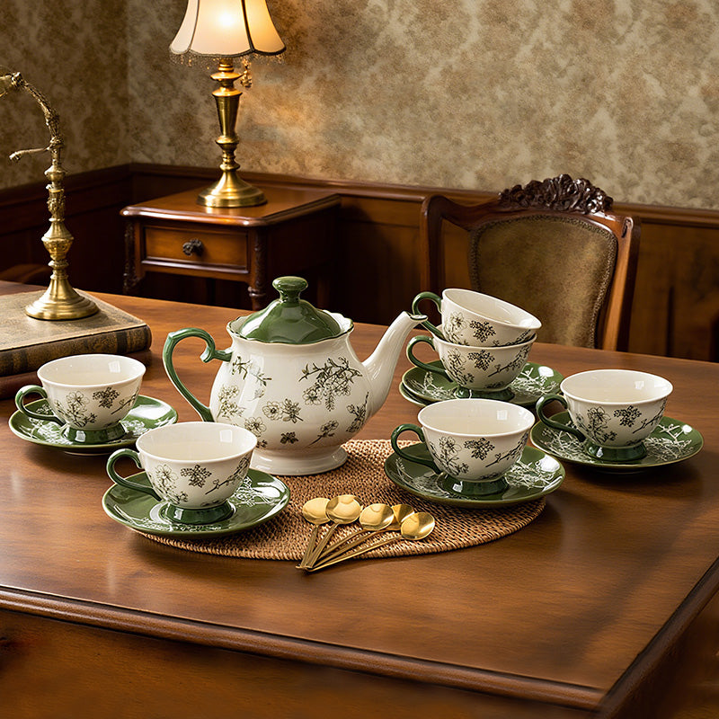 Green Vintage Floral Ceramic Tea Set with Teapot & Cups