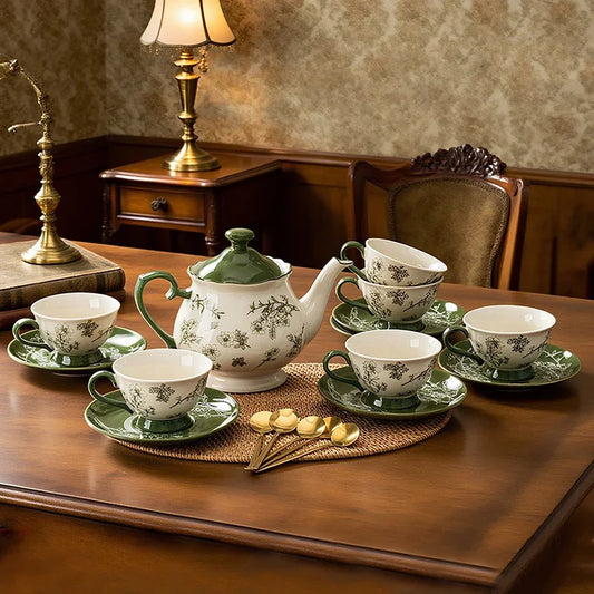 Green Vintage Floral Ceramic Tea Set with Teapot & Cups
