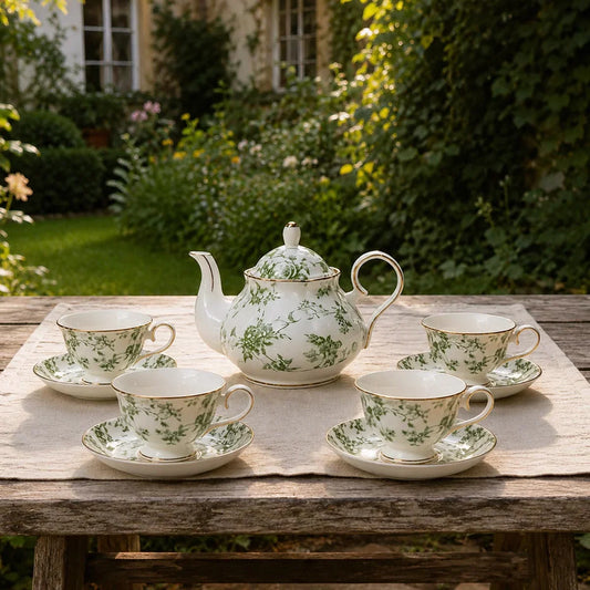 Green Rose Fine Bone China Coffee Set – Elegant Afternoon Tea Set