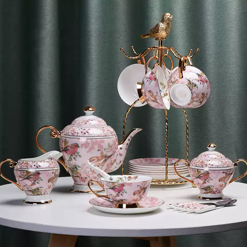 Pink Bird Ceramic Coffee Set, European Tea Set, Afternoon Tea Set