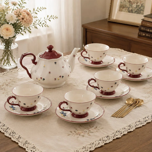 Red Vintage Floral Ceramic Tea Set with Teapot & Cups