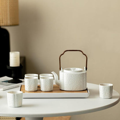 White Embossed Ceramic Tea Set | Kung Fu Tea Set | Teapot and Tea Set - Teas Story
