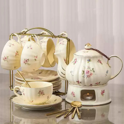 Vintage Ceramic Tea Set, Flower Teapot Set, Candle-Heated Tea Set