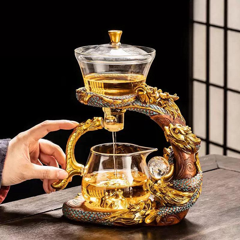 Embossed auspicious dragon glass automatic tea set | magnetic tea maker - Teas Story