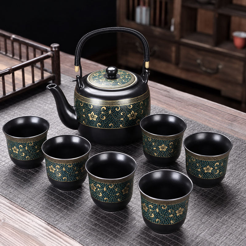 Black Flower Ceramic Tea Set | Japanese Tea Set| Flower Teapot Set