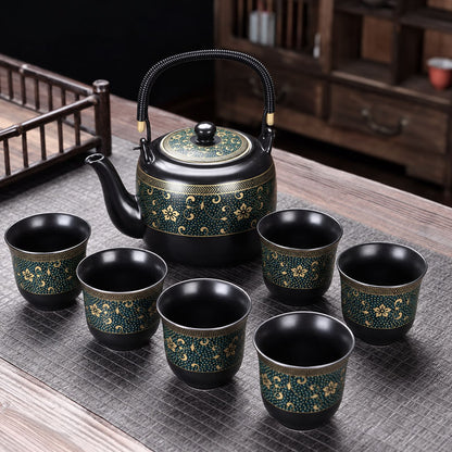 Black Flower Ceramic Tea Set | Japanese Tea Set| Flower Teapot Set