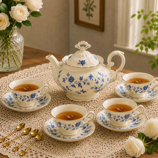 Blue and White Porcelain Tea Set Vintage Coffee Set with Cups Saucers