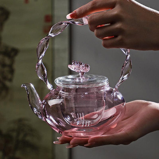 Glass teapot | teapot with handle | pink butterfly pattern teapot