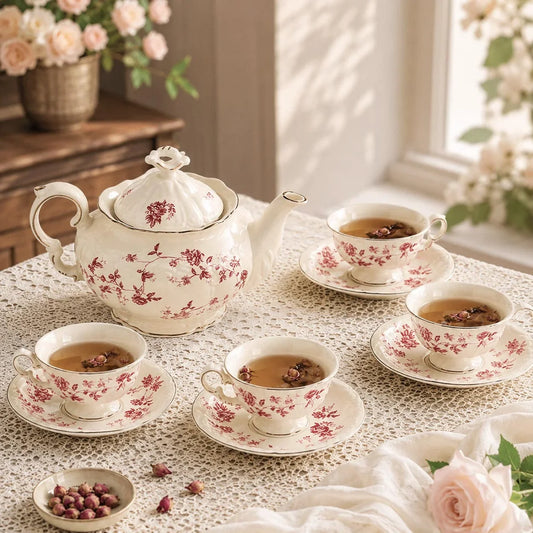 French Vintage-Style Rose Ceramic Tea and Coffee Set Palace Style