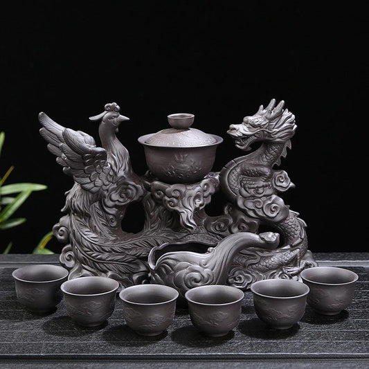 Ceramic automatic tea set with embossed dragon and phoenix