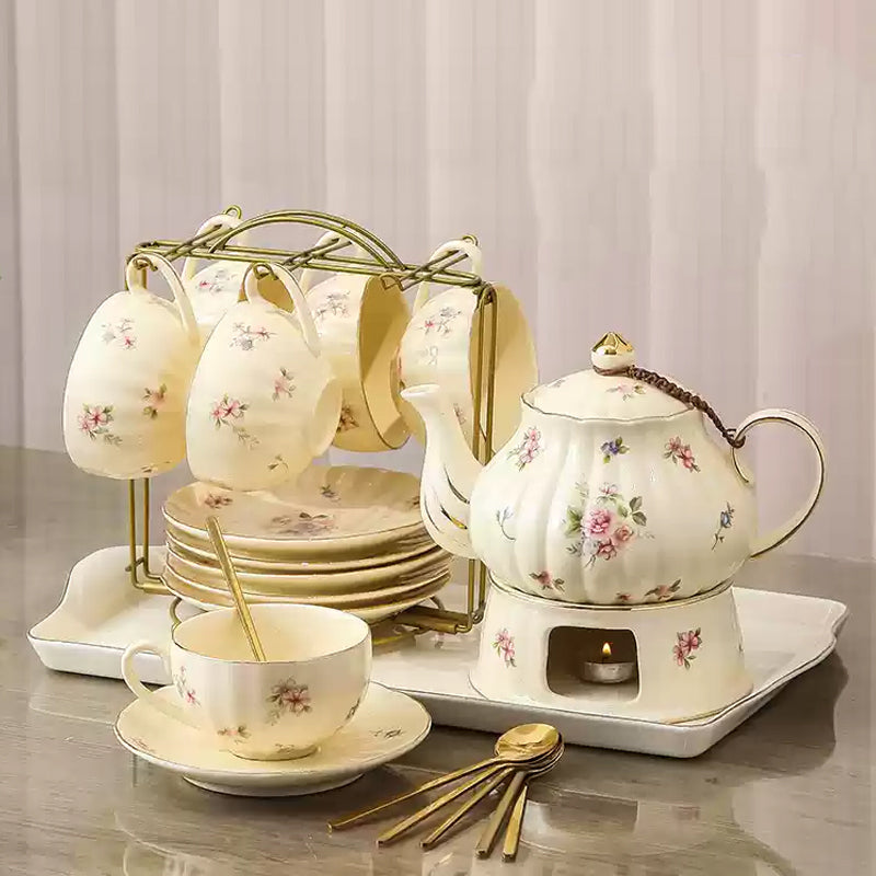 Vintage Ceramic Tea Set, Flower Teapot Set, Candle-Heated Tea Set