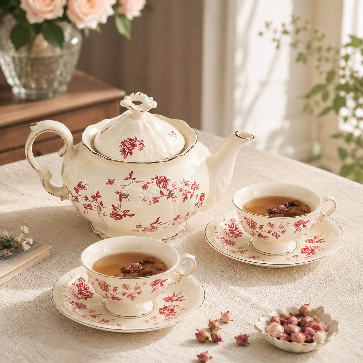 French Vintage-Style Rose Ceramic Tea and Coffee Set Palace Style