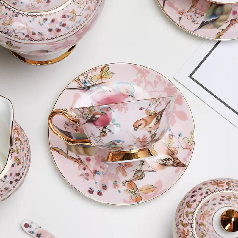 Pink Bird Ceramic Coffee Set, European Tea Set, Afternoon Tea Set