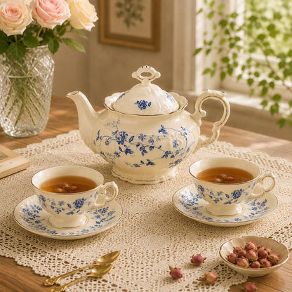 Blue and White Porcelain Tea Set Vintage Coffee Set with Cups Saucers